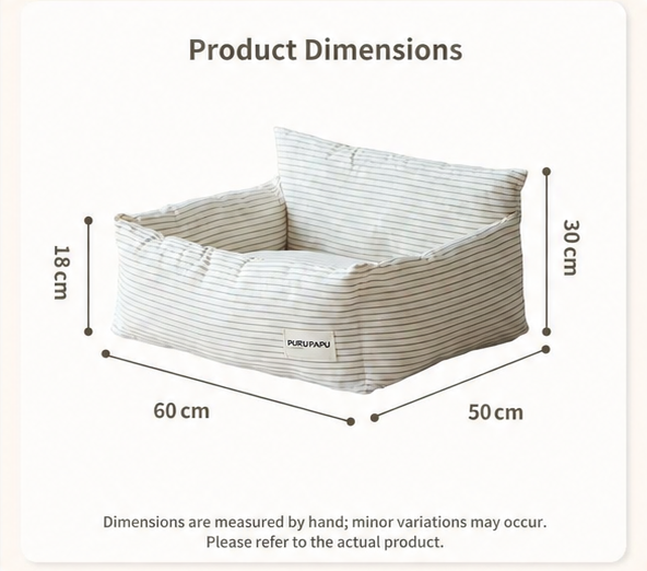 Natural Fine Stripe pet bed dimensions: 60 by 50 cm base, 18 to 30 cm height