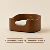 Oil-Waxed Heritage pet bed in deep brown leather-look material with milk-tea plush cushion