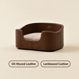 Oil-Waxed Heritage pet bed in golden brown leather-look material with coffee plush cushion