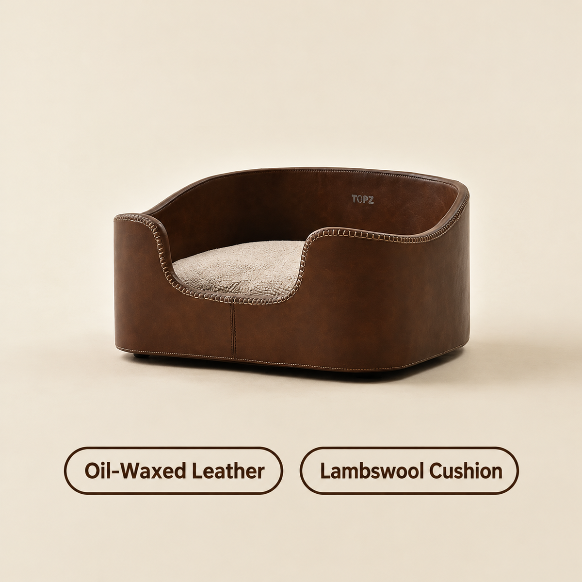 Oil-Waxed Heritage pet bed in golden brown leather-look material with coffee plush cushion