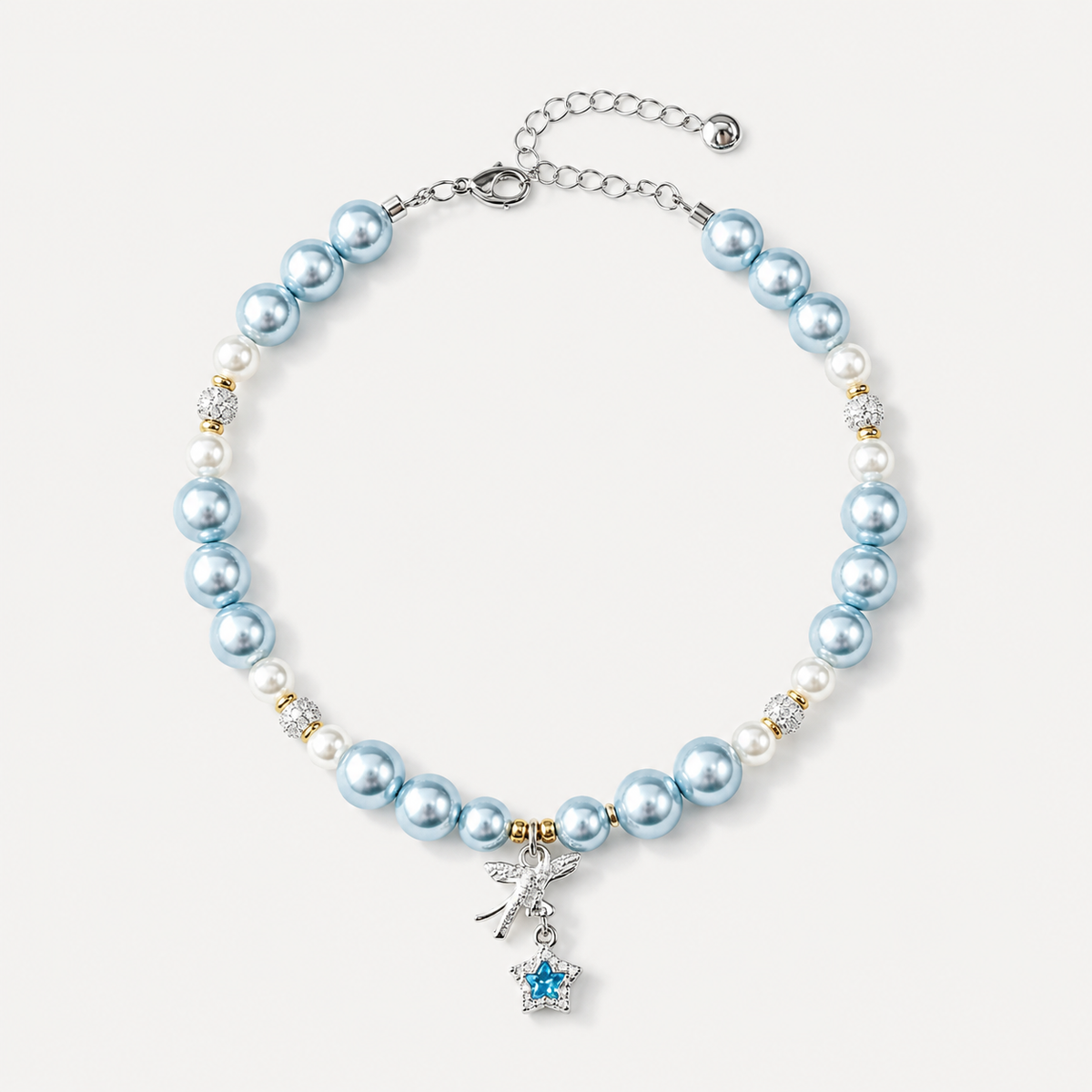 Pale blue pearl-effect pet necklace with white accent beads and a blue star charm.
