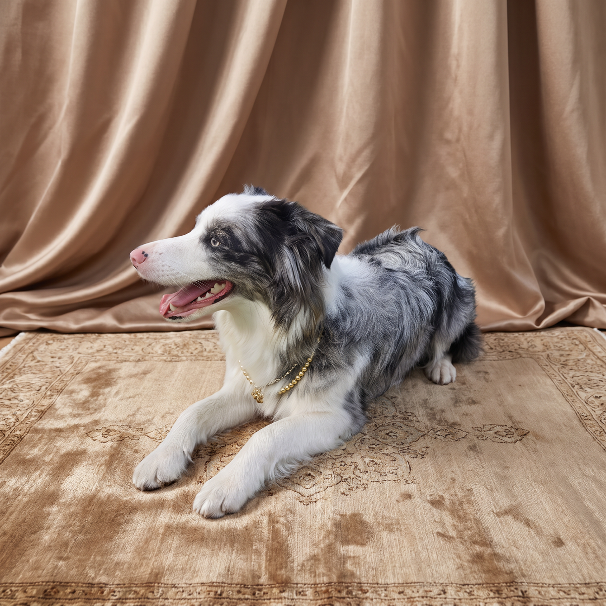 Border Collie wearing elegant gold-tone pet jewelry necklace.