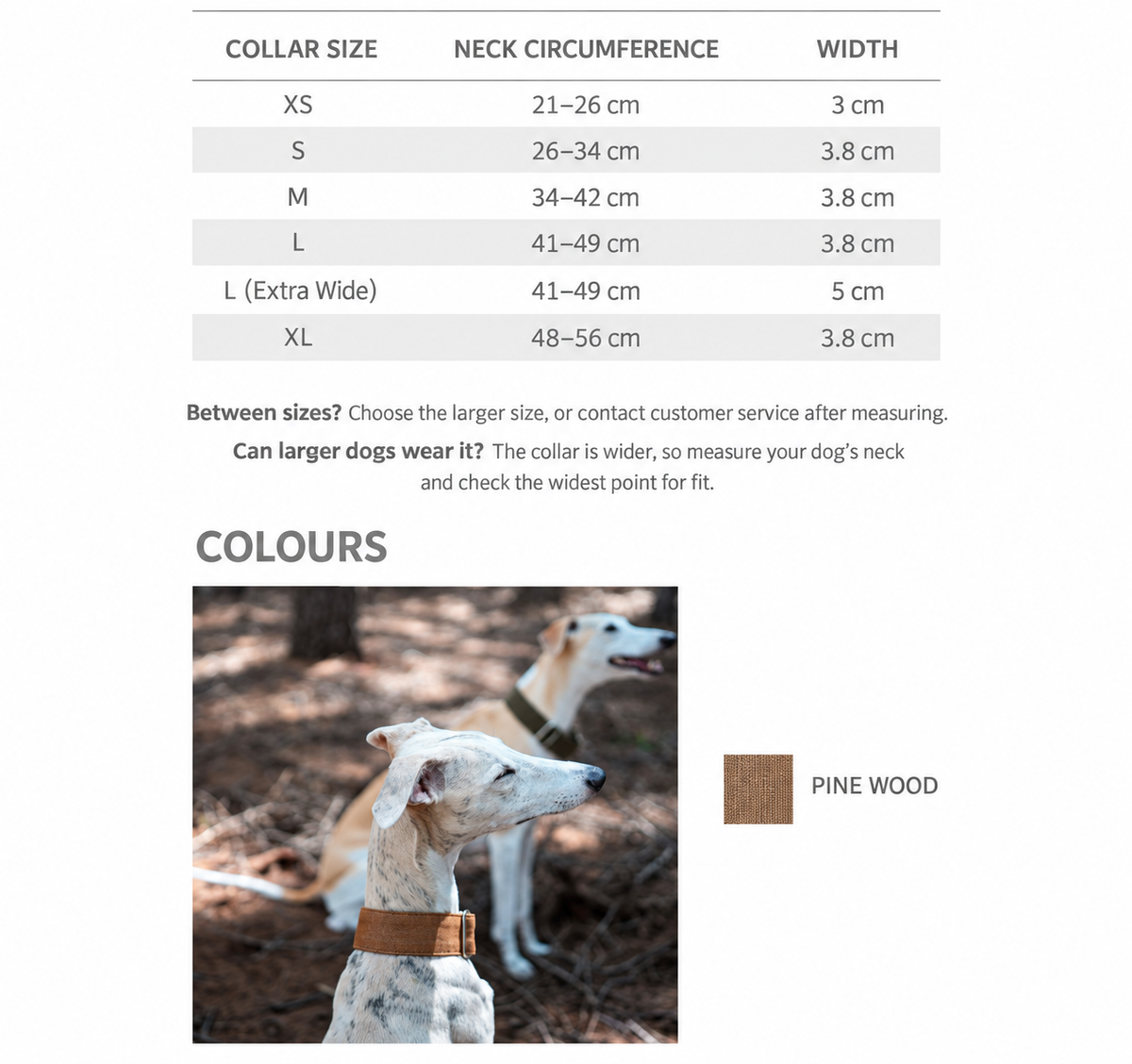 Pinewood Brown martingale sighthound collar size guide and color details