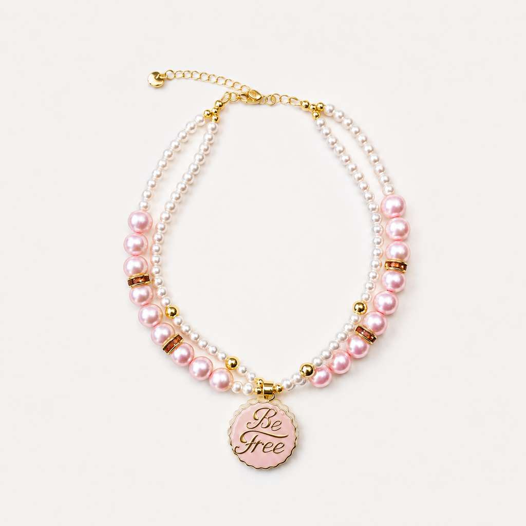 Pink and white pearl-effect pet necklace with gold-tone details and a pink Be Free pendant.