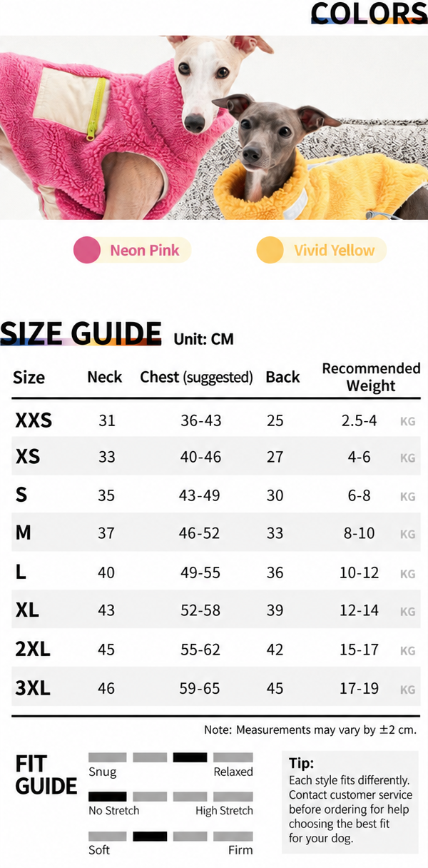 Plush Contrast lambswool vest color options and English dog size guide