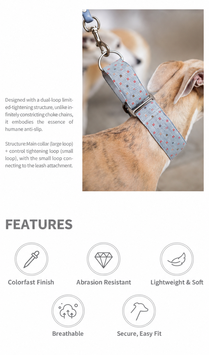 Polka Dot Martingale dog collar features: colorfast finish, abrasion-resistant nylon, lightweight feel, breathable construction and secure fit