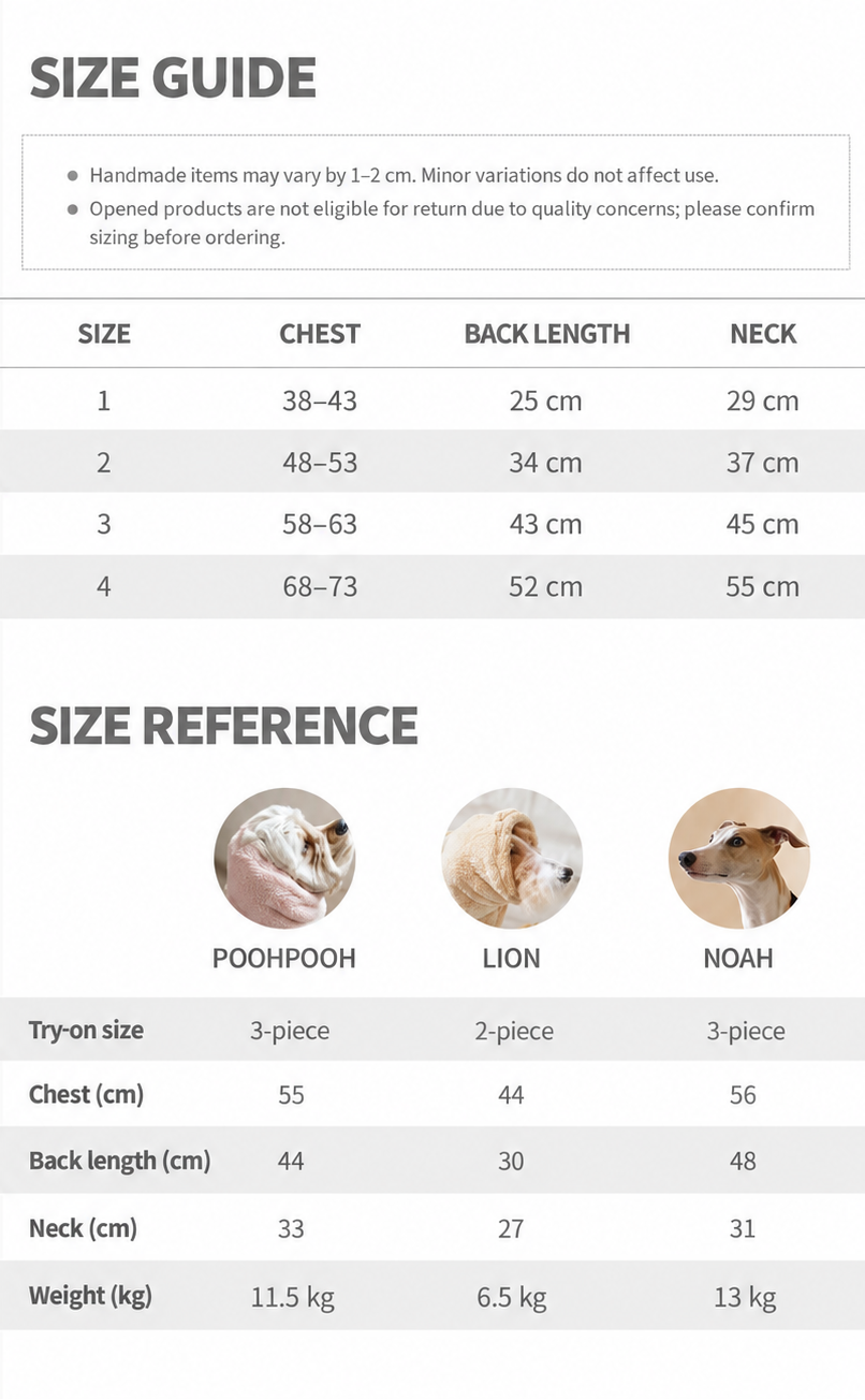 English size guide for the Quick-Dry Dog Bath Robe