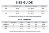 Quiet Comfort dog hood fit guide with neck sizing and fit examples