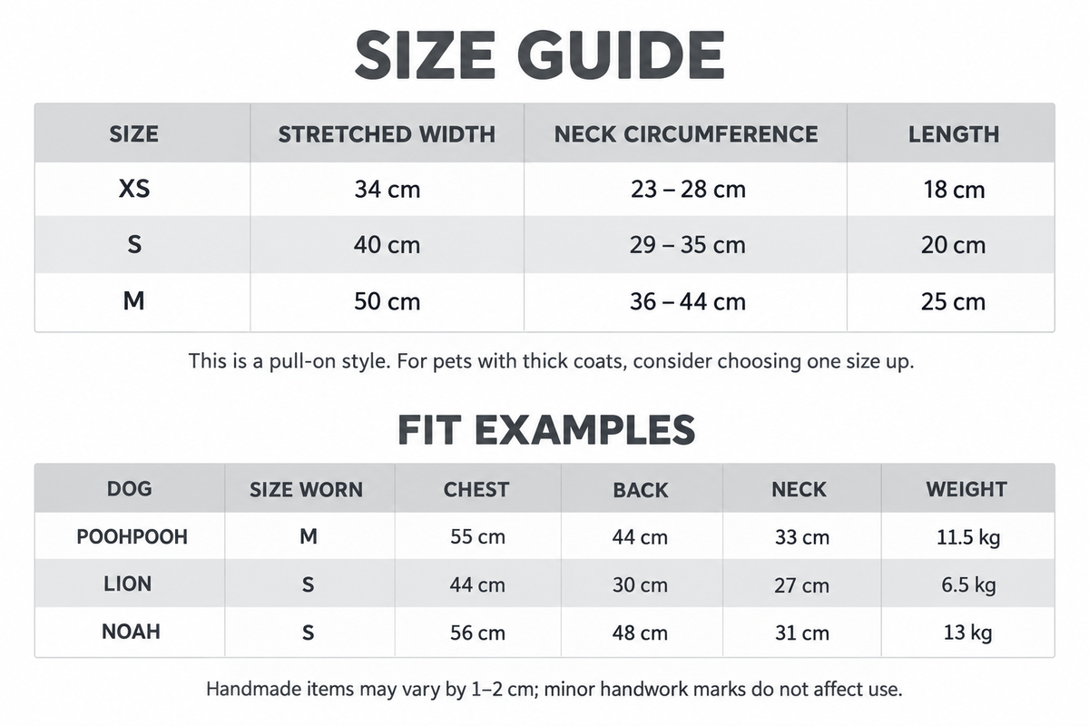 Quiet Comfort dog hood fit guide with neck sizing and fit examples