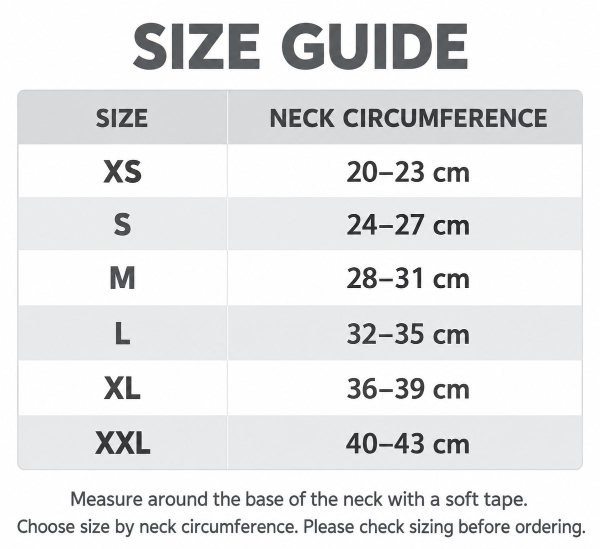 Quiet Comfort pet hood neck circumference size guide