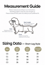 English measurement guide and short-leg size chart for the Retro Revival brushed dog vest