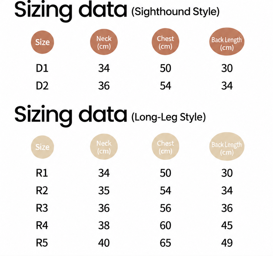 English sighthound and long-leg size guide for the Retro Revival brushed dog vest