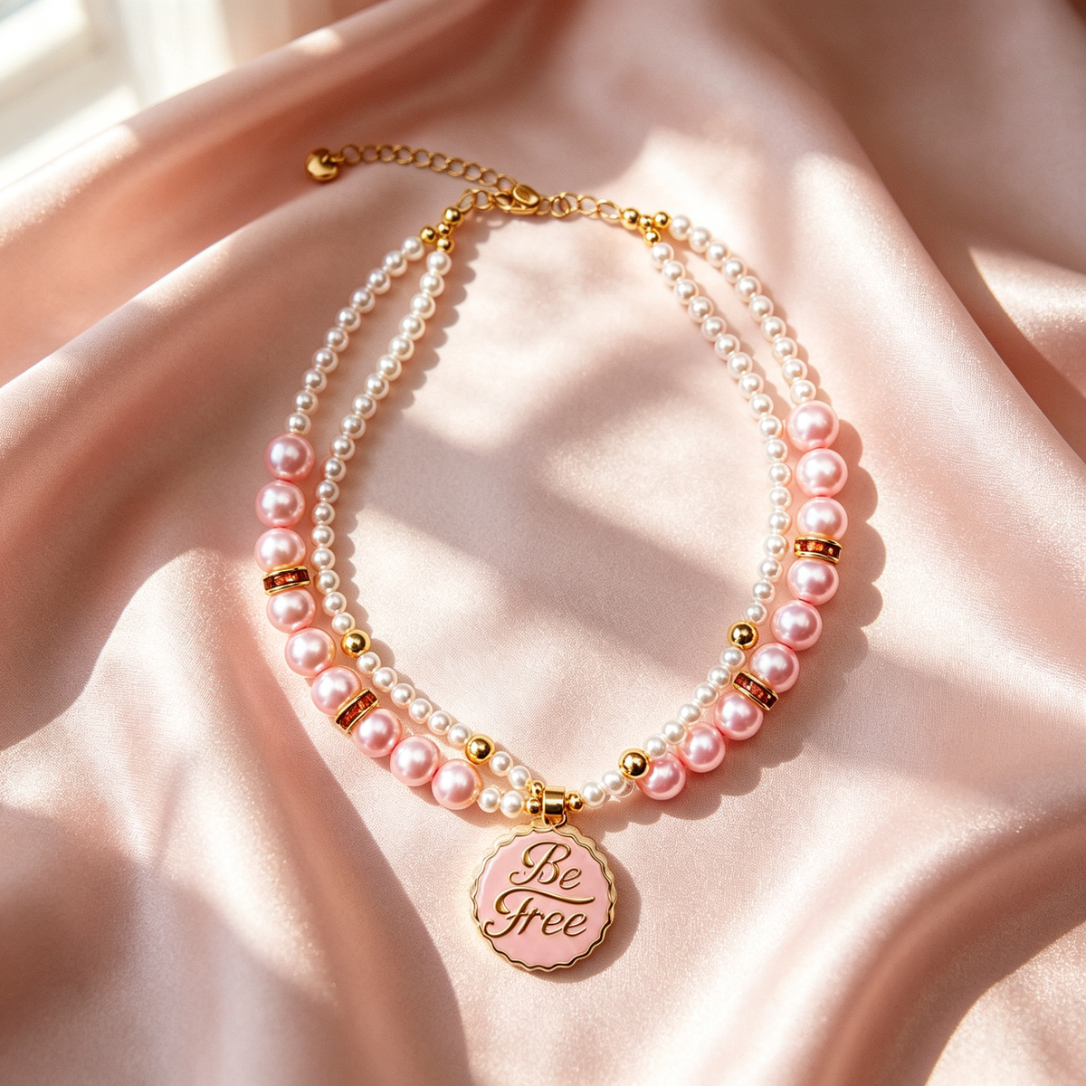 Romantic pink dog necklace with double-layer beads, adjustable chain and symbolic pendant