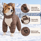 Snowy Forest 2.0 dog puffer suit with adjustable drawcords, removable belly guard, and built-in leash ring