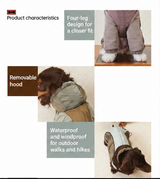 Snowy Forest waterproof puffer dog suit with four-leg fit, removable hood, and waterproof windproof shell