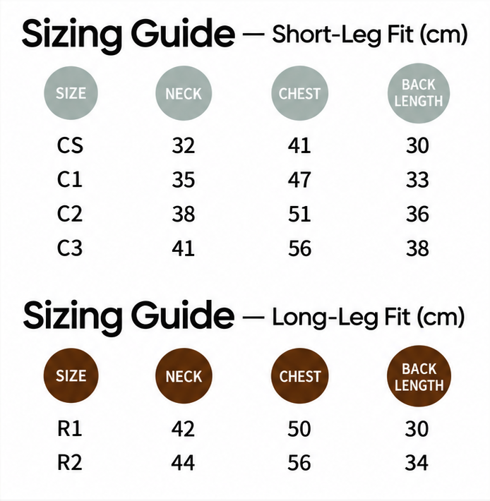 Snowy Forest 2.0 puffer dog suit short-leg and long-leg sizing guide