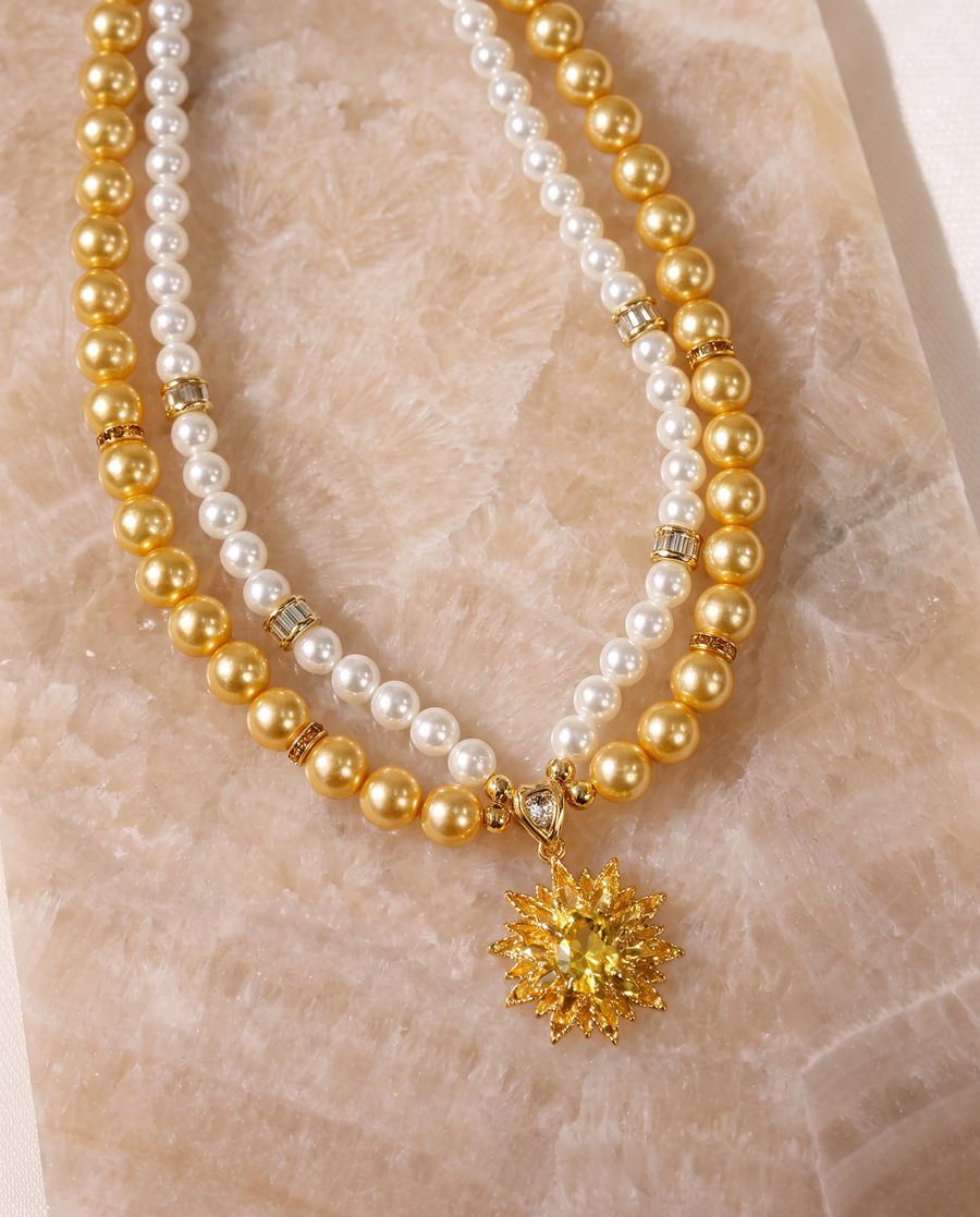 Sunlight Petals gold and ivory pearl-effect dog necklace with sunflower pendant