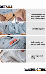 Trail Utility dog vest details with side drawcord, sculpted pocket, harness opening and mesh lining