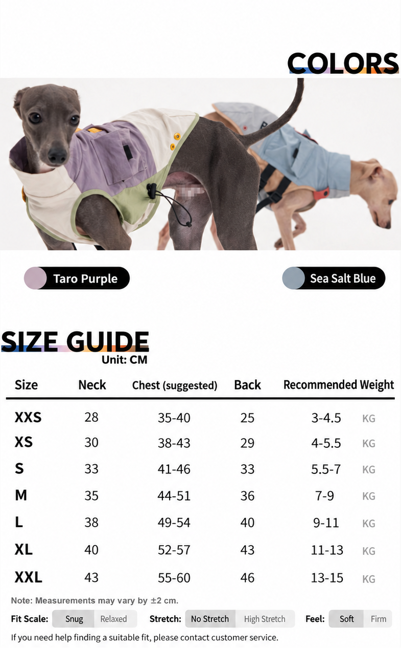Trail Utility textured dog vest Sea Salt Blue and Taro Purple English size guide