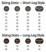 English short-leg and long-leg size guide for the Trailblazer utility dog jacket
