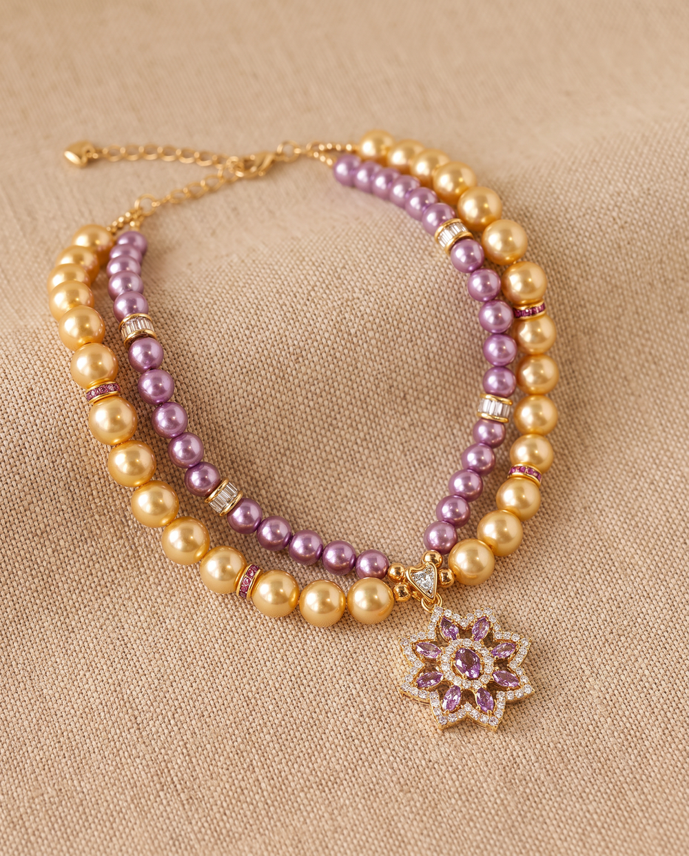 Twilight Blossoms Unfold gold and lavender pearl-effect dog necklace with floral pendant