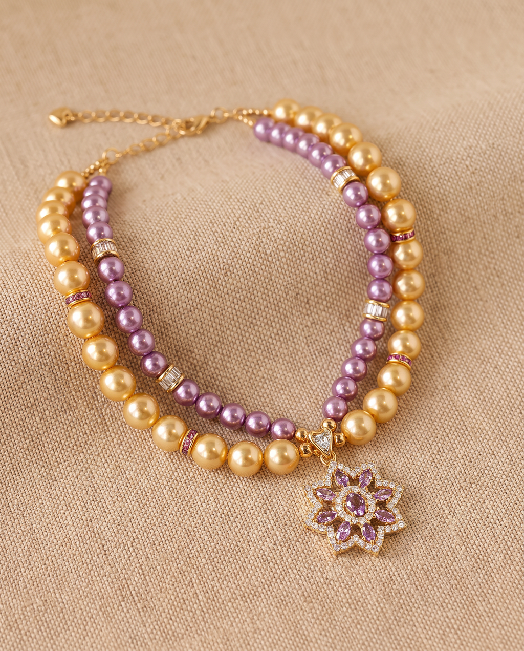 Twilight Blossoms Unfold gold and lavender pearl-effect dog necklace with floral pendant