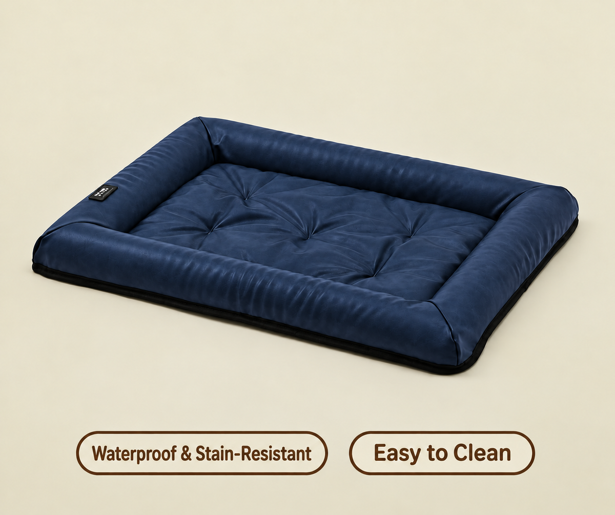 Navy Vintage Ease pet cushion with Waterproof & Stain-Resistant and Easy to Clean badges