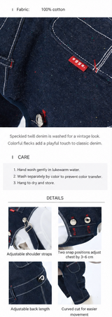 Washed Denim dog overalls product details, fabric composition, care, and adjustable fit