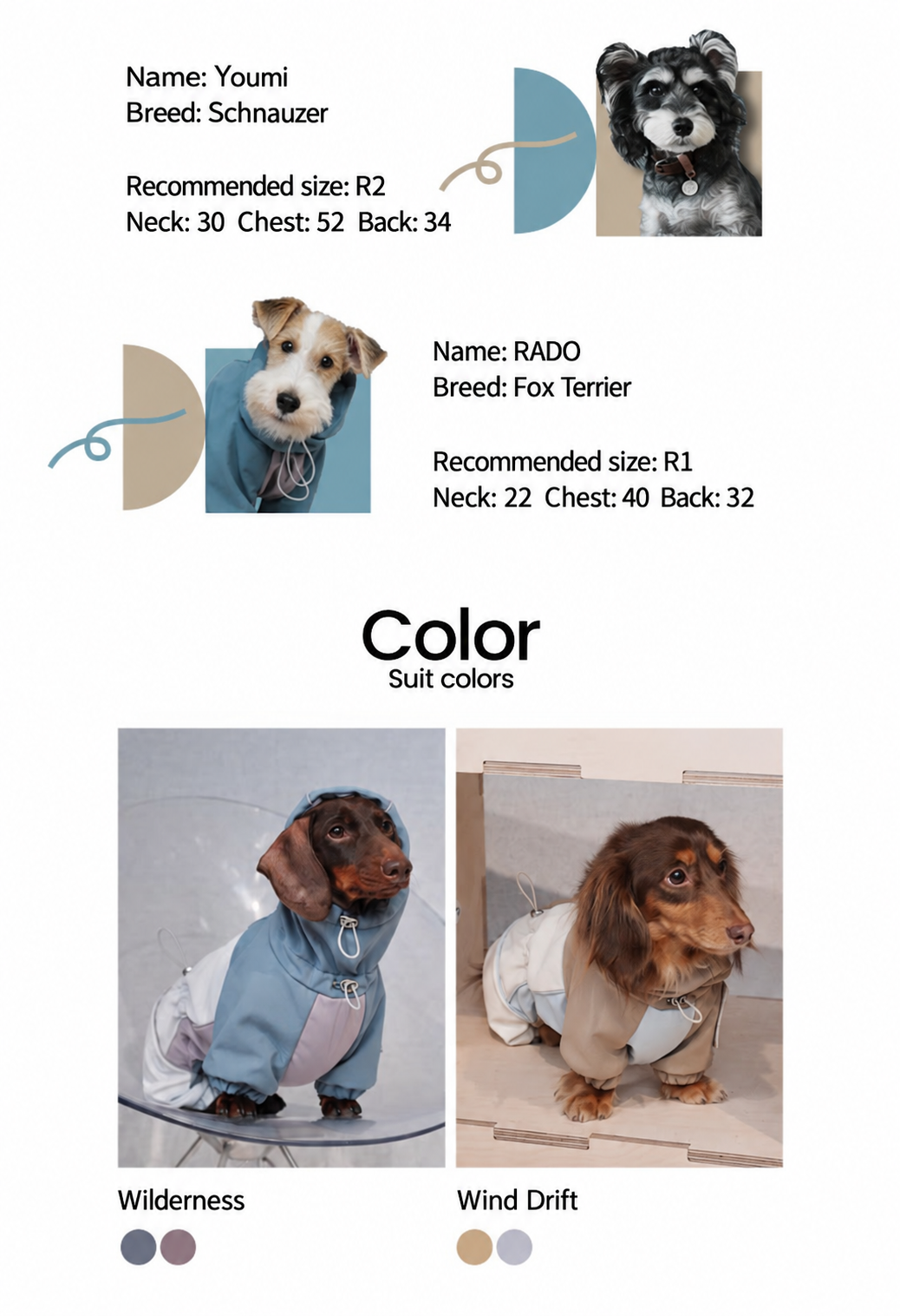 Fit and color guide for the Waterproof Fleece-Lined Hardshell Dog Rain Suit, with dog measurement examples and Wilderness and Wind Drift colorways