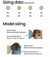 Long-leg sizing chart for the Waterproof Fleece-Lined Hardshell Dog Rain Suit with neck, chest and back measurements and dachshund fit examples