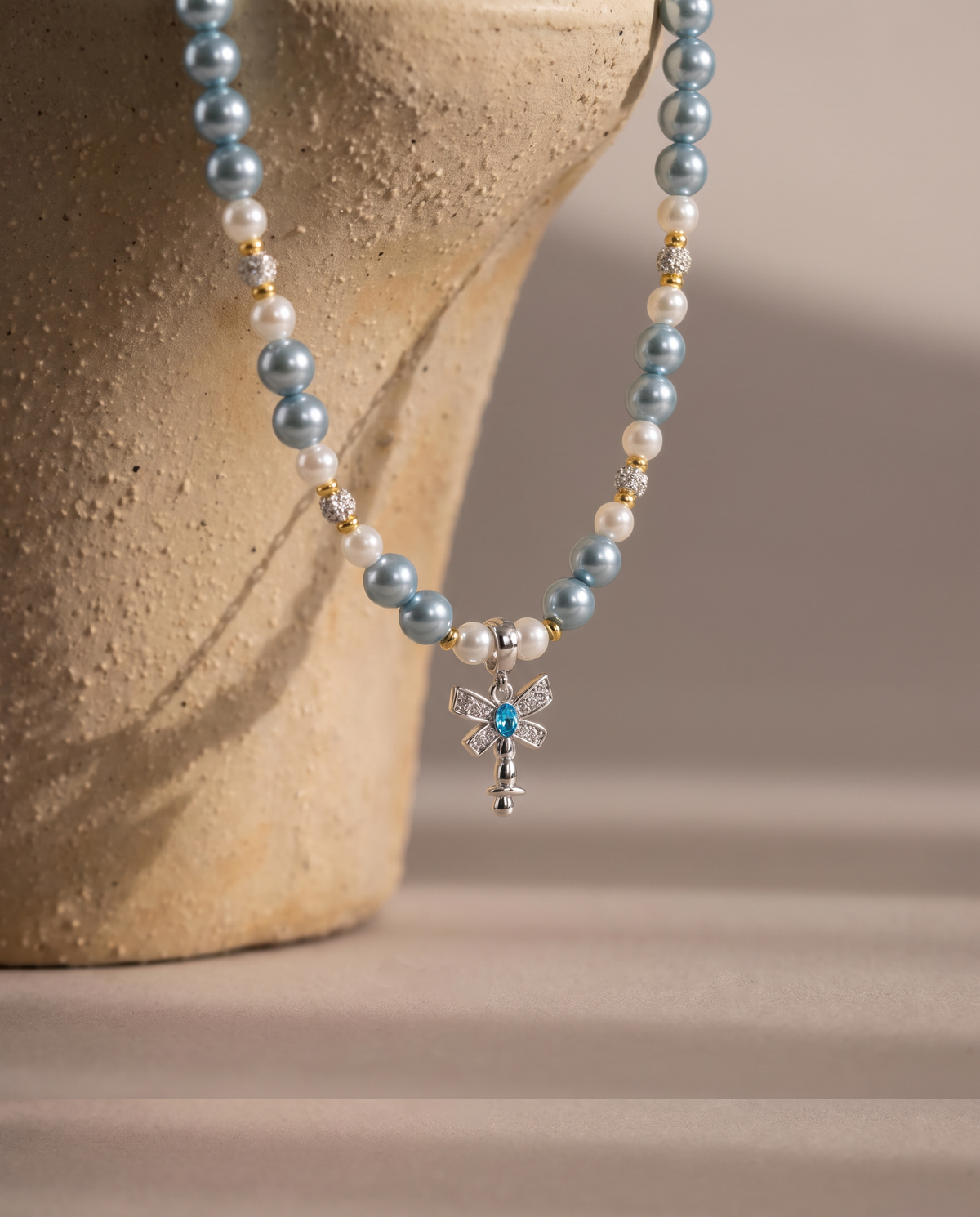 Wavewhisper Dragonfly blue pearl-effect dog necklace with silver-tone dragonfly pendant