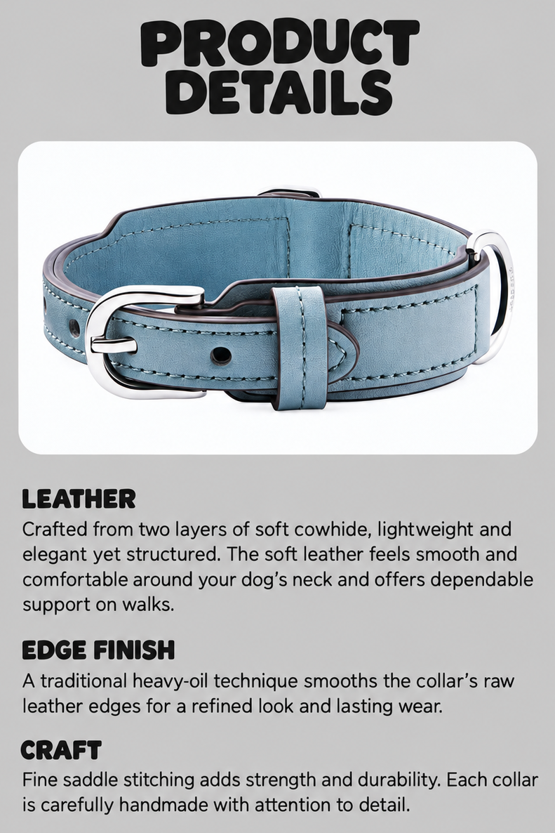 Woven Cross dusty blue Italian leather dog collar details, leather, edge finish and saddle stitching