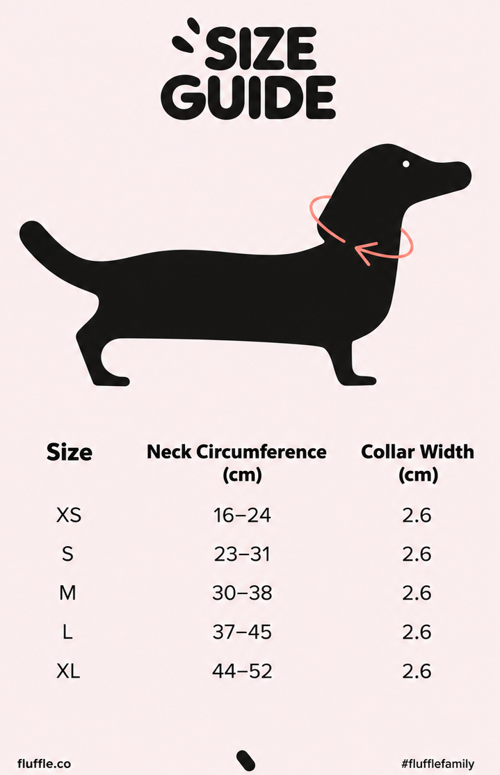 Woven Cross dusty blue Italian leather dog collar size guide with neck circumference and collar width