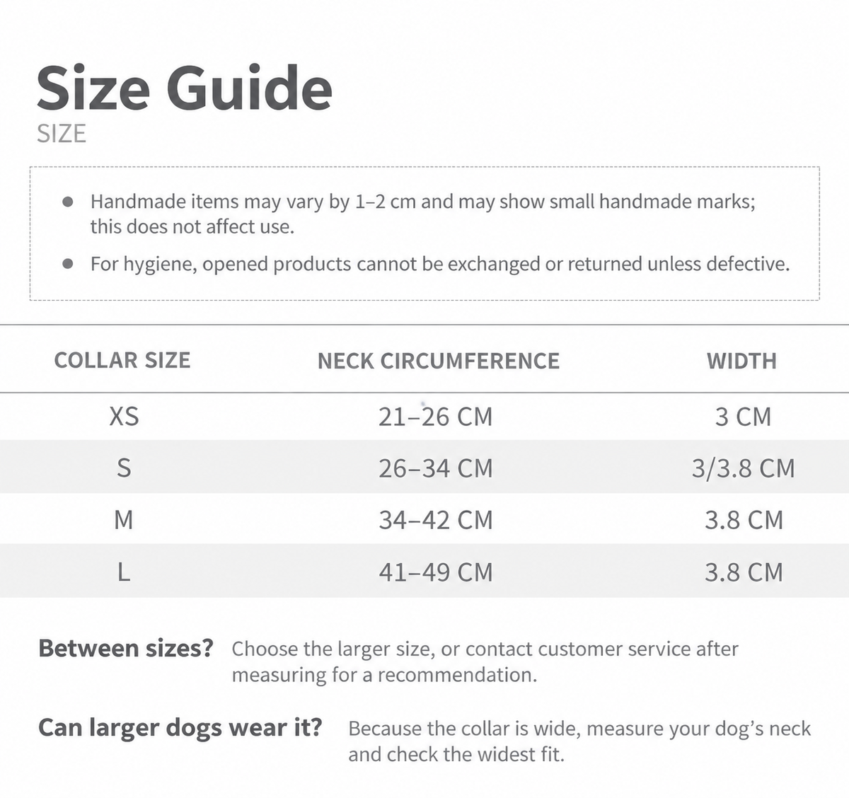Woven Stripe martingale dog collar size guide with neck circumference and collar width for sizes XS to L
